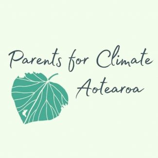 Logo with kawakawa leaf and text saying Parents for Climate Aotearoa 